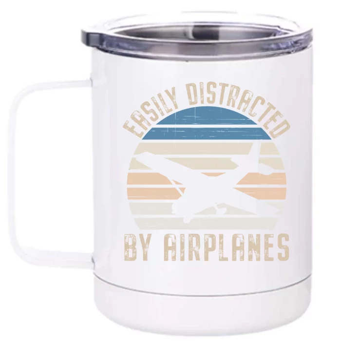 Easily Distracted By Airplanes Retro Airplane Lover Aviation Meaningful Gift Front & Back 12oz Stainless Steel Tumbler Cup