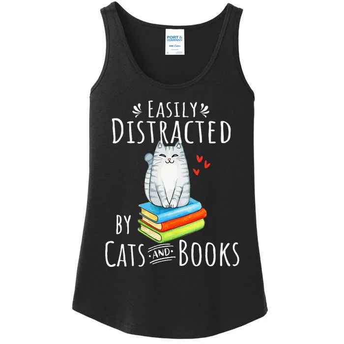 Easily Distracted By Cats And Books Ladies Essential Tank