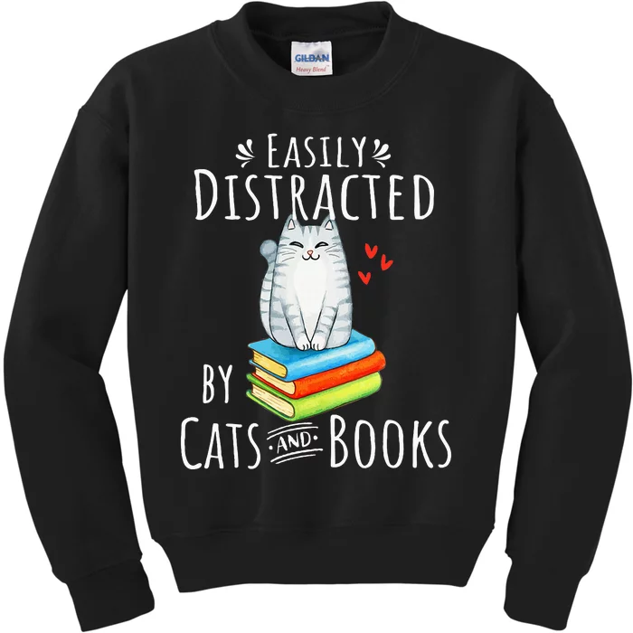 Easily Distracted By Cats And Books Kids Sweatshirt