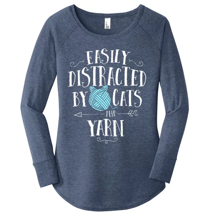 Easily Distracted By Cats And Yarn Knitting Yarn Crochet Women's Perfect Tri Tunic Long Sleeve Shirt