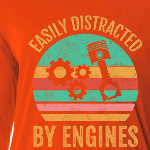 Easily Distracted By Engines Retro Mechanic Funny Sayings Meaningful Gift Cooling Performance Long Sleeve Crew