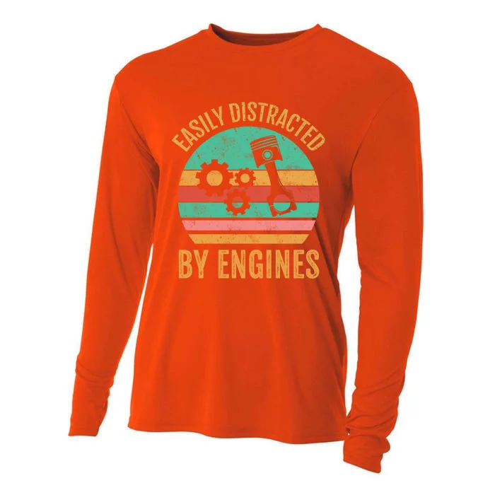 Easily Distracted By Engines Retro Mechanic Funny Sayings Meaningful Gift Cooling Performance Long Sleeve Crew