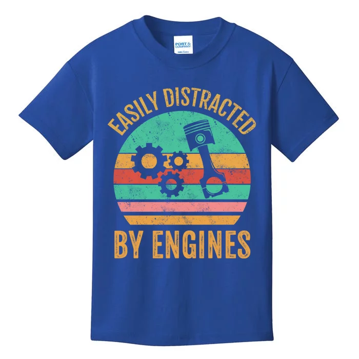 Easily Distracted By Engines Retro Mechanic Funny Sayings Meaningful Gift Kids T-Shirt