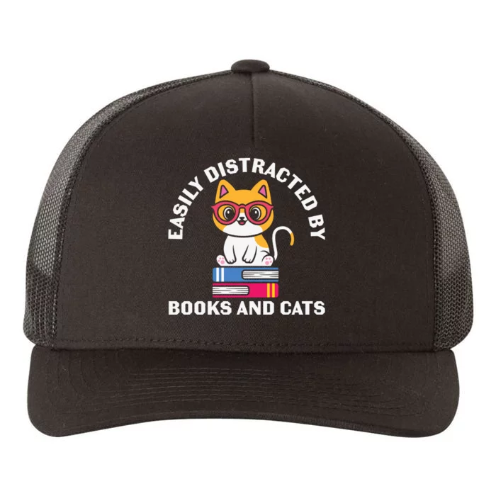 Easily Distracted By Books And Cats Humor Yupoong Adult 5-Panel Trucker Hat