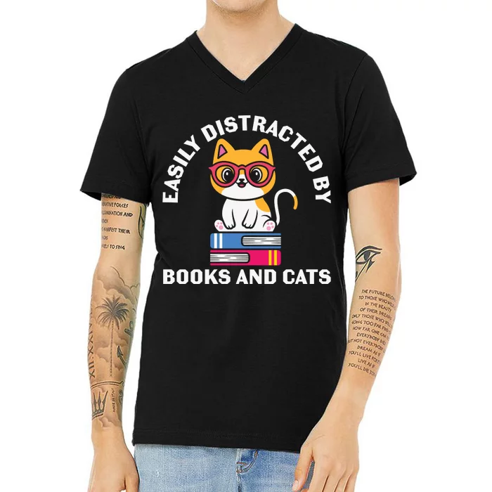 Easily Distracted By Books And Cats Humor V-Neck T-Shirt