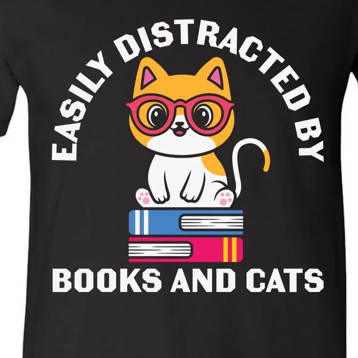 Easily Distracted By Books And Cats Humor V-Neck T-Shirt