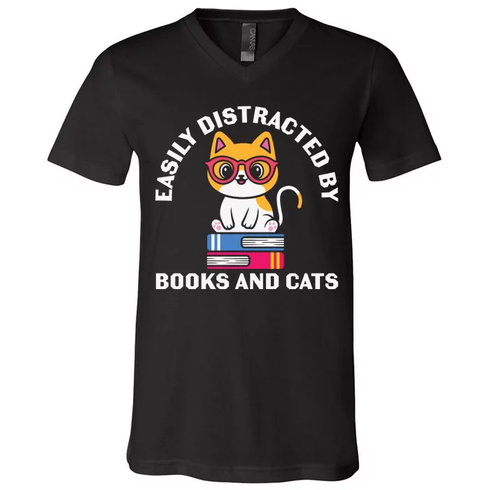 Easily Distracted By Books And Cats Humor V-Neck T-Shirt