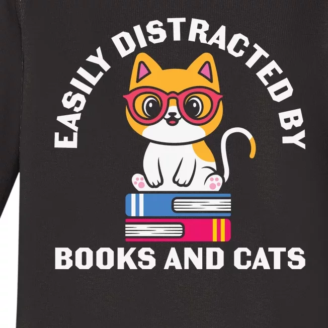 Easily Distracted By Books And Cats Humor Baby Long Sleeve Bodysuit