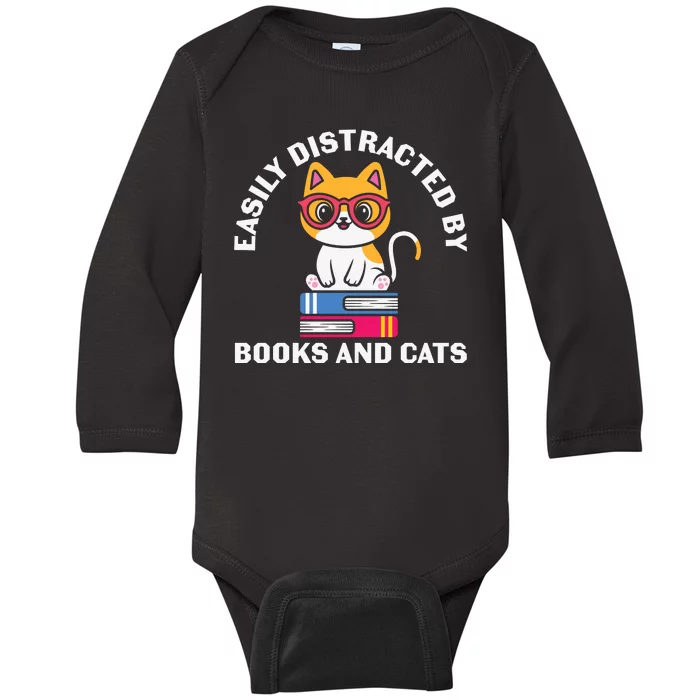 Easily Distracted By Books And Cats Humor Baby Long Sleeve Bodysuit