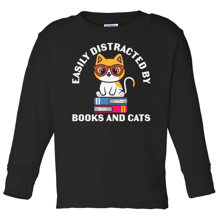 Easily Distracted By Books And Cats Humor Toddler Long Sleeve Shirt