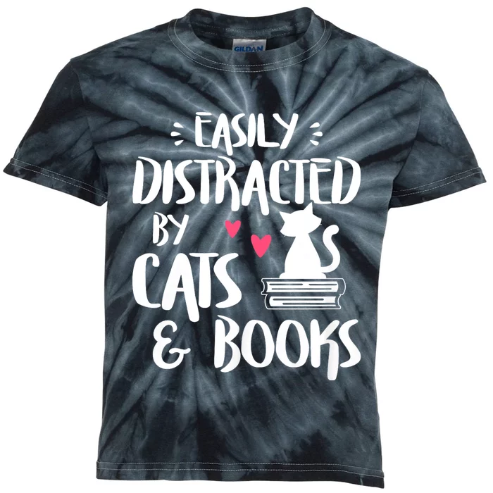 Easily Distracted By Cats And Books Cat & Book Lover Kids Tie-Dye T-Shirt