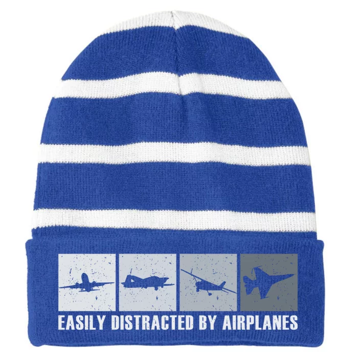 Easily Distracted By Airplanes Aviation Pilot Airplane Cool Gift Striped Beanie with Solid Band