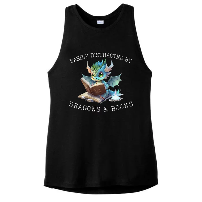 Easily Distracted By Dragons And Books Introvert Funny Ladies Tri-Blend Wicking Tank