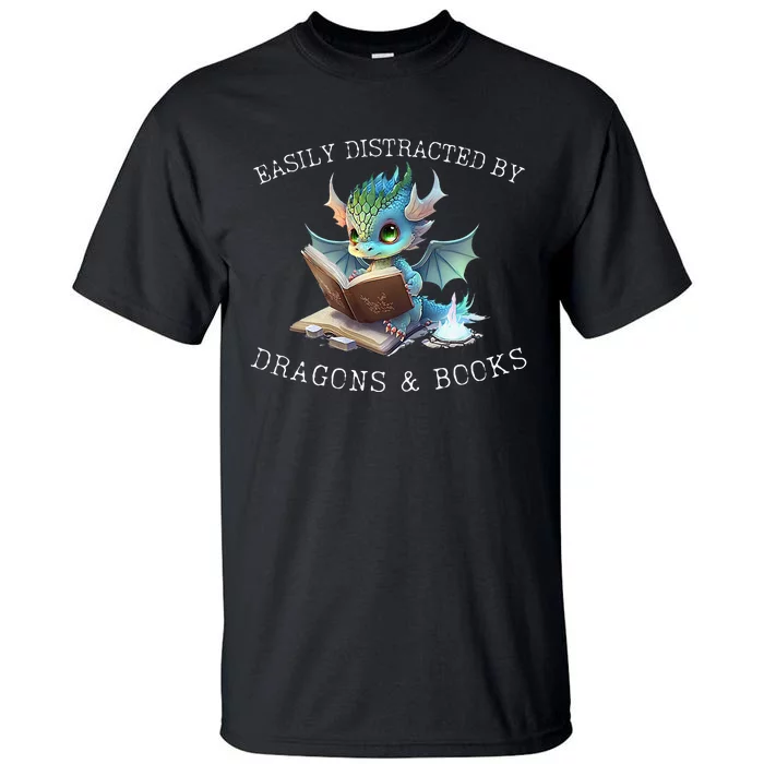 Easily Distracted By Dragons And Books Introvert Funny Tall T-Shirt