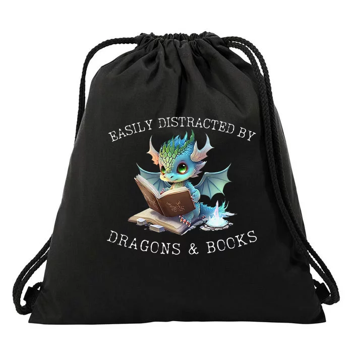 Easily Distracted By Dragons And Books Introvert Funny Drawstring Bag