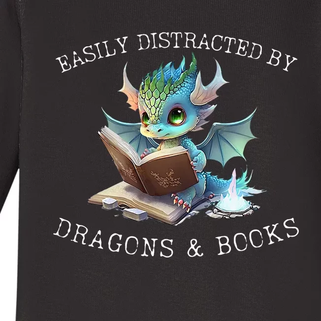 Easily Distracted By Dragons And Books Introvert Funny Baby Long Sleeve Bodysuit