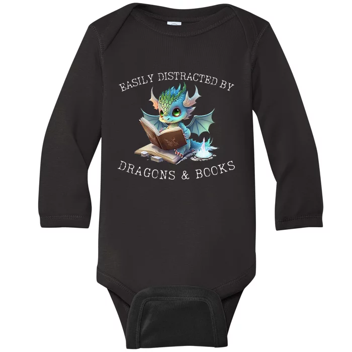 Easily Distracted By Dragons And Books Introvert Funny Baby Long Sleeve Bodysuit