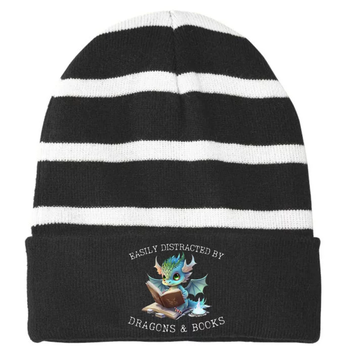 Easily Distracted By Dragons And Books Introvert Funny Striped Beanie with Solid Band