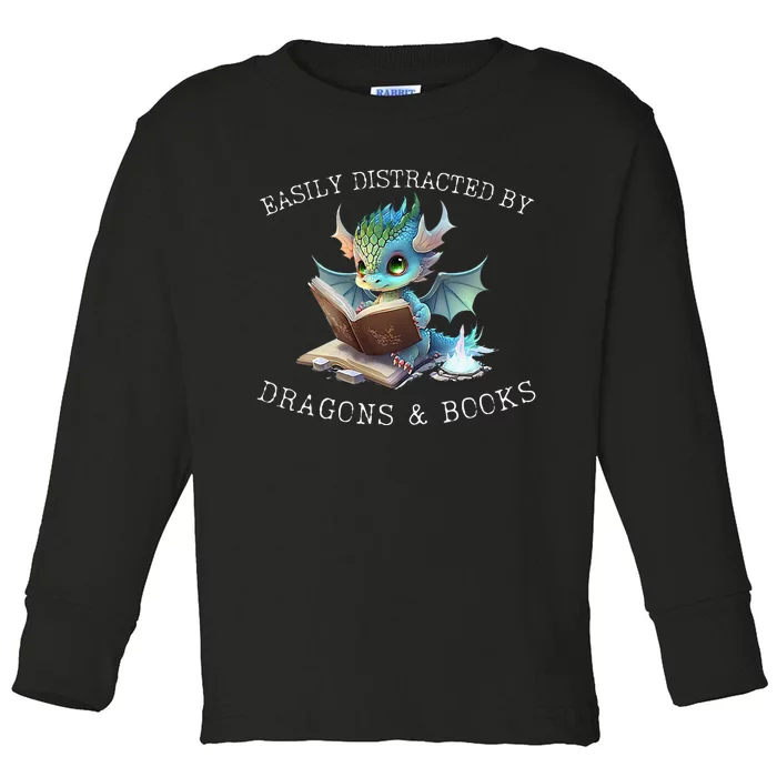 Easily Distracted By Dragons And Books Introvert Funny Toddler Long Sleeve Shirt