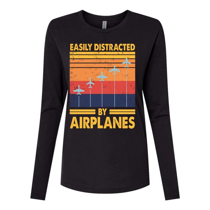 Easily Distracted By Airplanes Funny Pilot Airplane Lover Cute Gift Womens Cotton Relaxed Long Sleeve T-Shirt