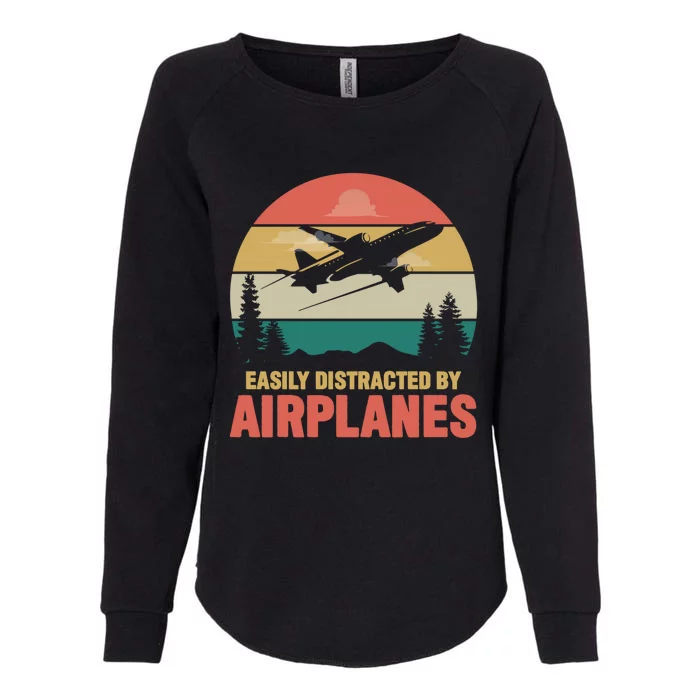 Easily Distracted By Airplanes Retro Airplane Funny Pilot Gift Womens California Wash Sweatshirt