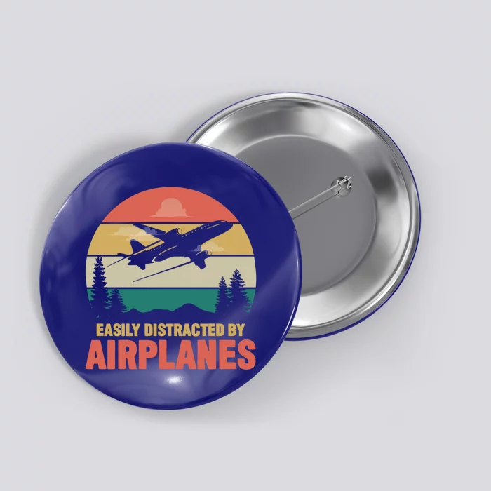 Easily Distracted By Airplanes Retro Airplane Funny Pilot Gift Button