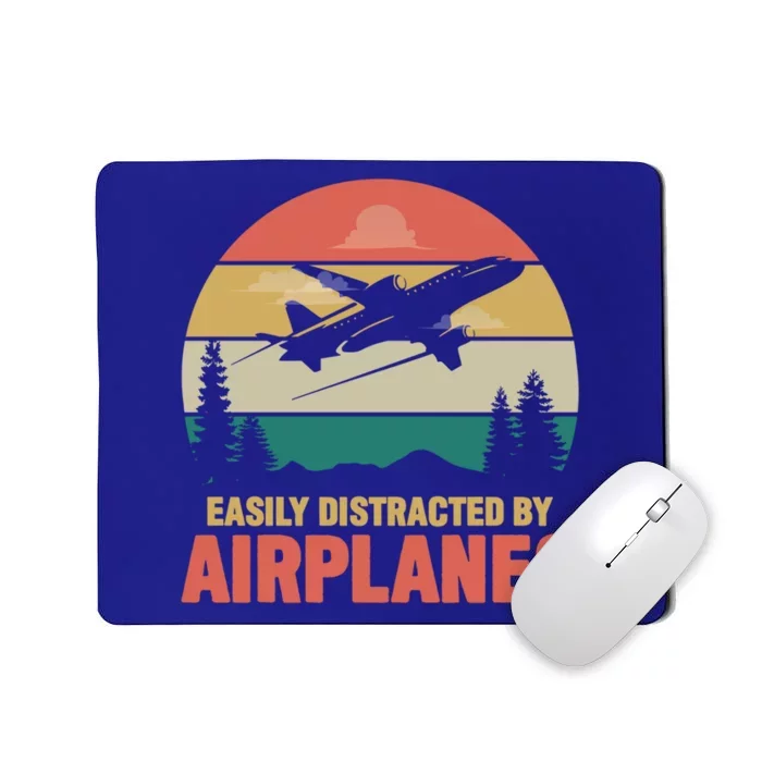 Easily Distracted By Airplanes Retro Airplane Funny Pilot Gift Mousepad