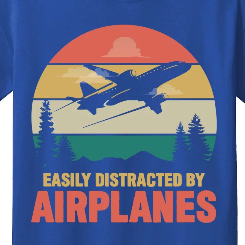 Easily Distracted By Airplanes Retro Airplane Funny Pilot Gift Kids T-Shirt