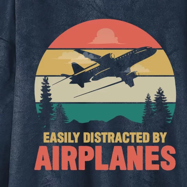 Easily Distracted By Airplanes Retro Airplane Funny Pilot Gift Hooded Wearable Blanket