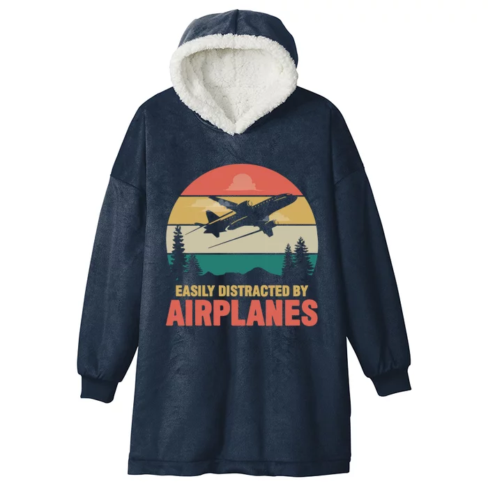 Easily Distracted By Airplanes Retro Airplane Funny Pilot Gift Hooded Wearable Blanket