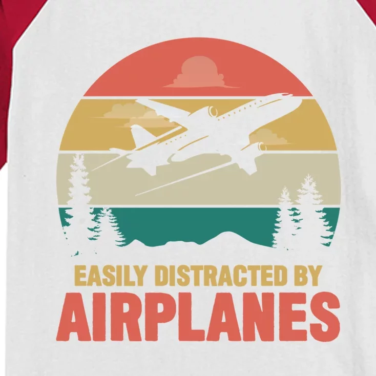 Easily Distracted By Airplanes Retro Airplane Funny Pilot Gift Kids Colorblock Raglan Jersey