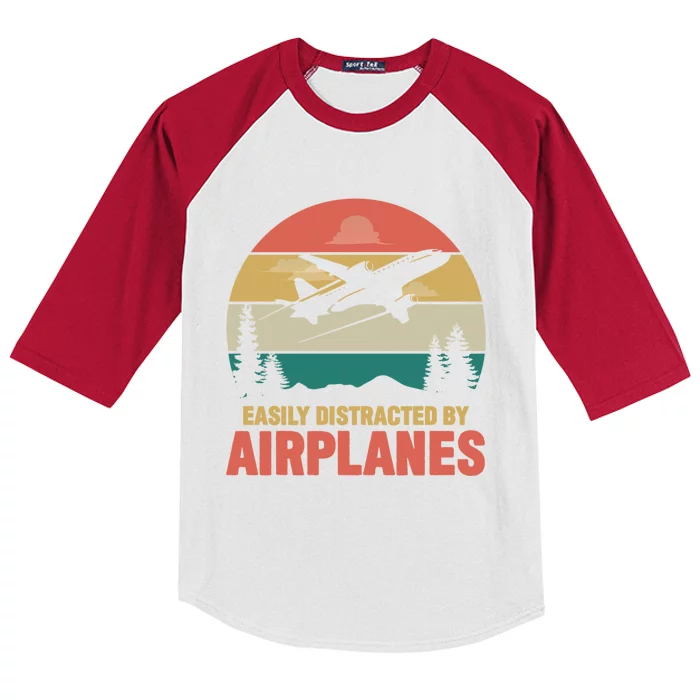 Easily Distracted By Airplanes Retro Airplane Funny Pilot Gift Kids Colorblock Raglan Jersey