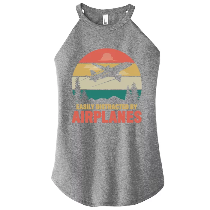 Easily Distracted By Airplanes Retro Airplane Funny Pilot Gift Women’s Perfect Tri Rocker Tank