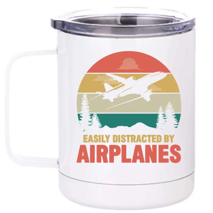 Easily Distracted By Airplanes Retro Airplane Funny Pilot Gift Front & Back 12oz Stainless Steel Tumbler Cup