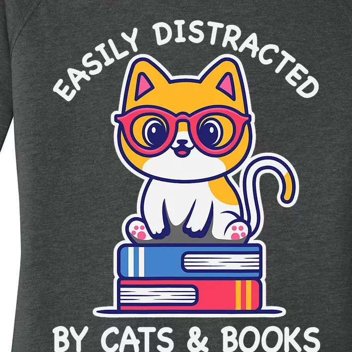 Easily Distracted By Cats And Books Cat & Book Lover Gift Women's Perfect Tri Tunic Long Sleeve Shirt