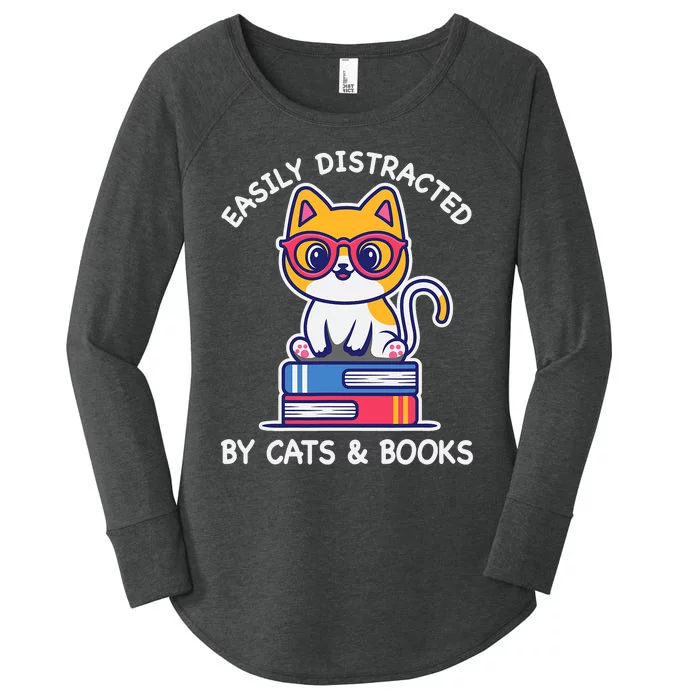 Easily Distracted By Cats And Books Cat & Book Lover Gift Women's Perfect Tri Tunic Long Sleeve Shirt