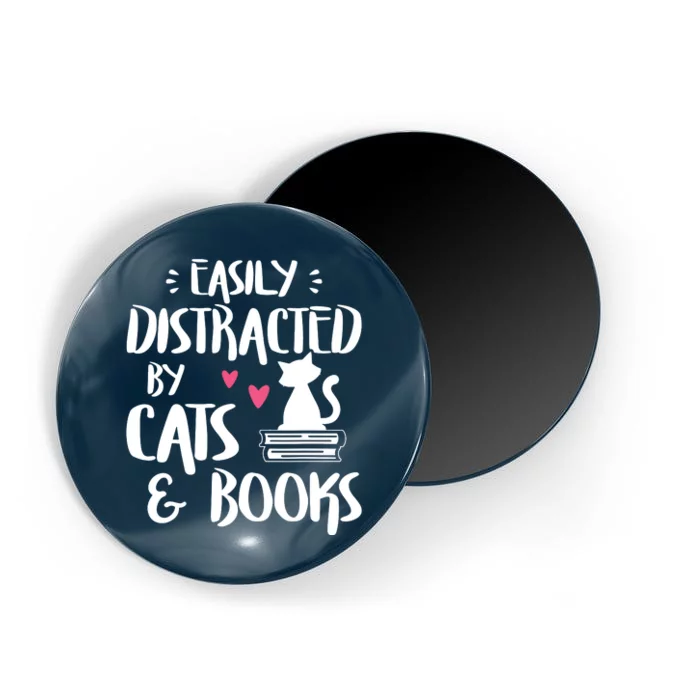 Easily Distracted By Cats And Books Cat Book Lover Short Sleeve Magnet