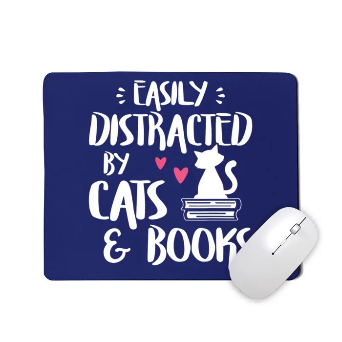 Easily Distracted By Cats And Books Cat Book Lover Short Sleeve Mousepad