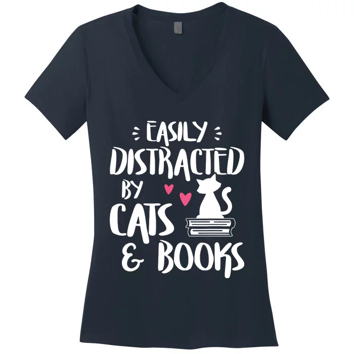 Easily Distracted By Cats And Books Cat Book Lover Short Sleeve Women's V-Neck T-Shirt