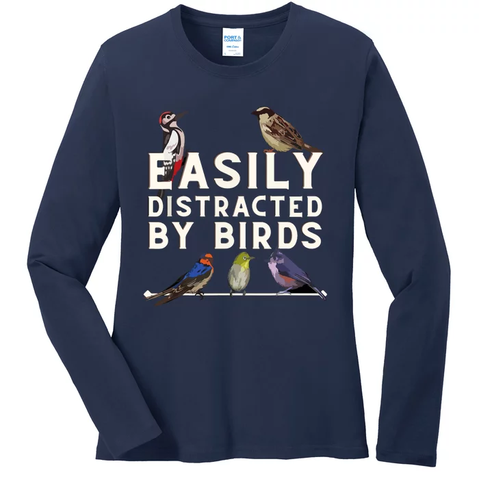 Easily Distracted By Birds Funny Bird Lover & Birdwatching Ladies Long Sleeve Shirt