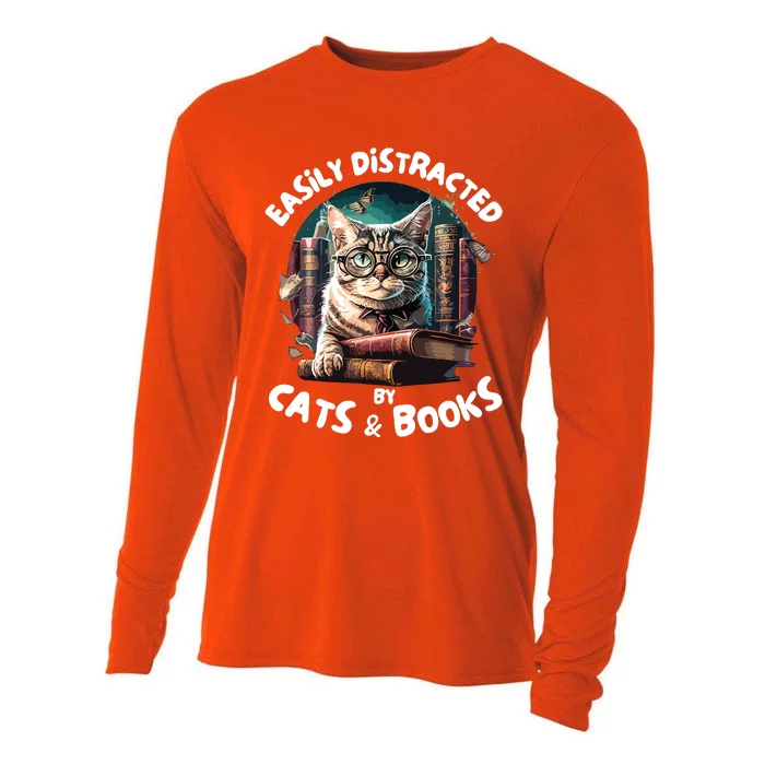 Easily Distracted By Cats And Books Librarians Bibliophiles Cooling Performance Long Sleeve Crew