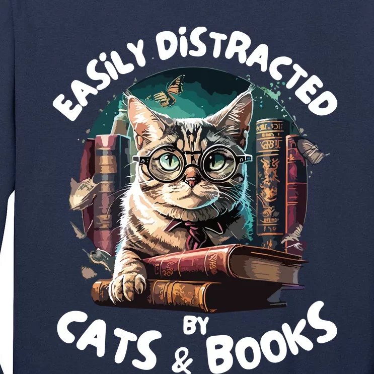 Easily Distracted By Cats And Books Librarians Bibliophiles Tall Long Sleeve T-Shirt