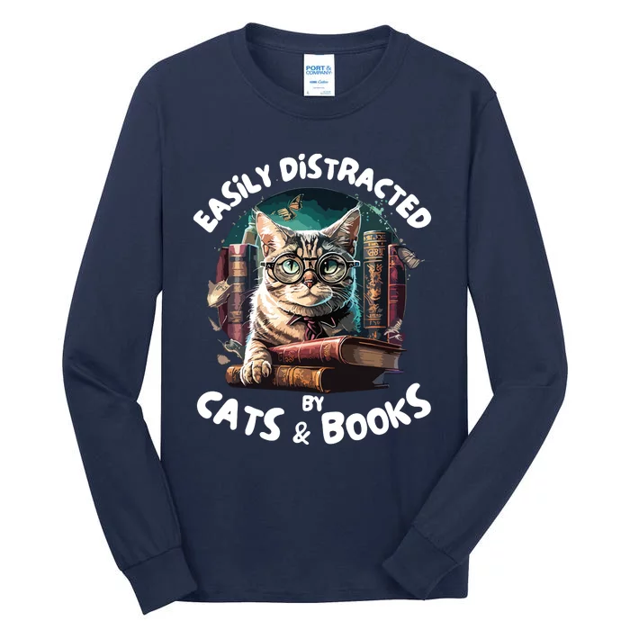 Easily Distracted By Cats And Books Librarians Bibliophiles Tall Long Sleeve T-Shirt