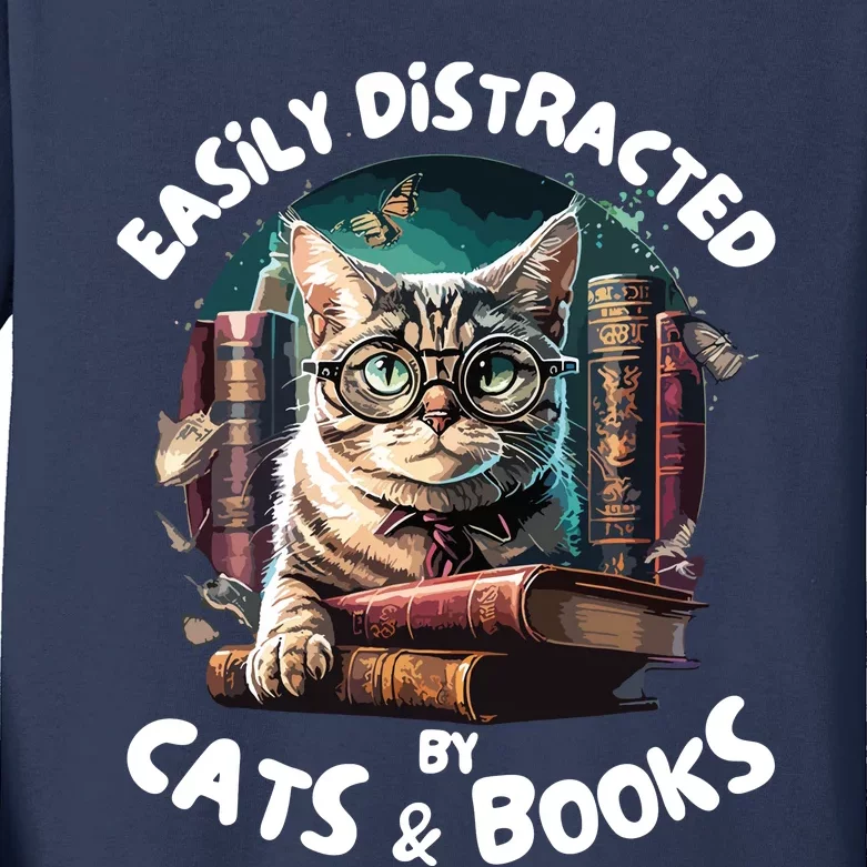 Easily Distracted By Cats And Books Librarians Bibliophiles Kids Long Sleeve Shirt