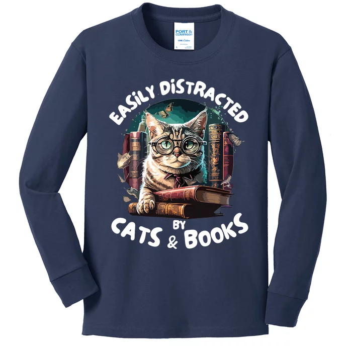 Easily Distracted By Cats And Books Librarians Bibliophiles Kids Long Sleeve Shirt