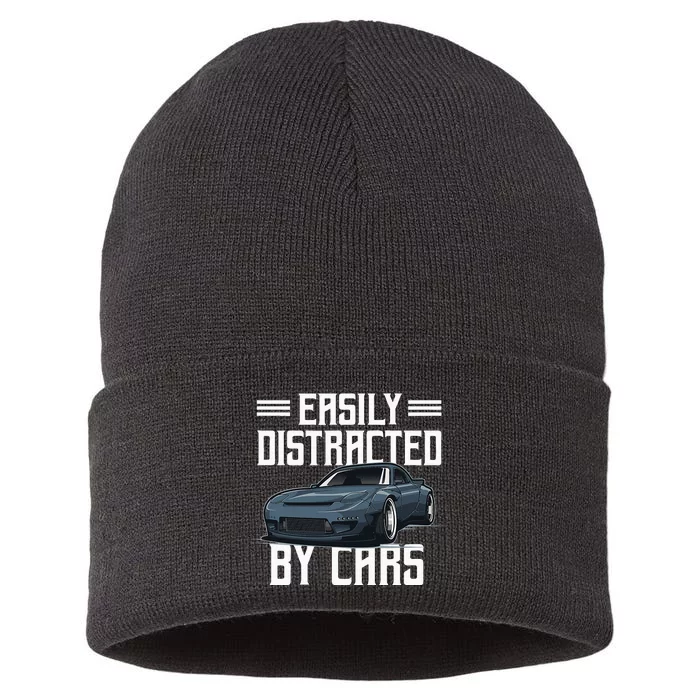 Easily Distracted By Cars Racing Cars Fans Present Sustainable Knit Beanie