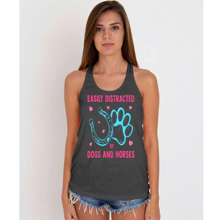 Easily Distracted By Dogs And Horses Funny Farm Animal Lover Women's Knotted Racerback Tank