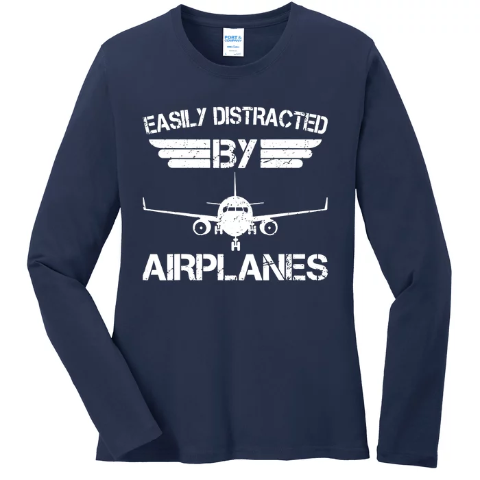 Easily Distracted By Airplanes Aviation Pilot Airplane Lover Ladies Long Sleeve Shirt