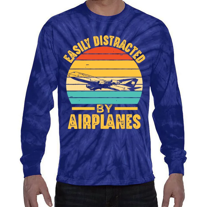 Easily Distracted By Airplanes Pilot Gifts Funny Aviation Tie-Dye Long Sleeve Shirt