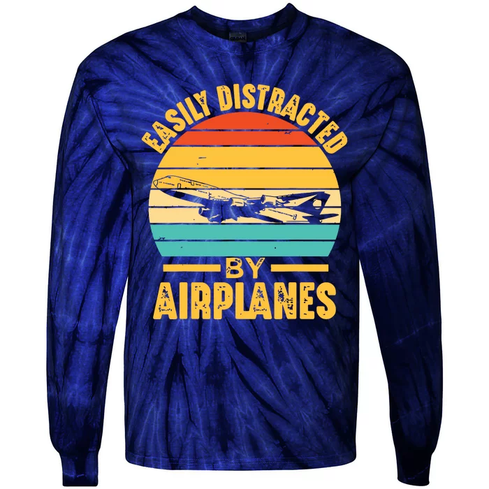 Easily Distracted By Airplanes Pilot Gifts Funny Aviation Tie-Dye Long Sleeve Shirt